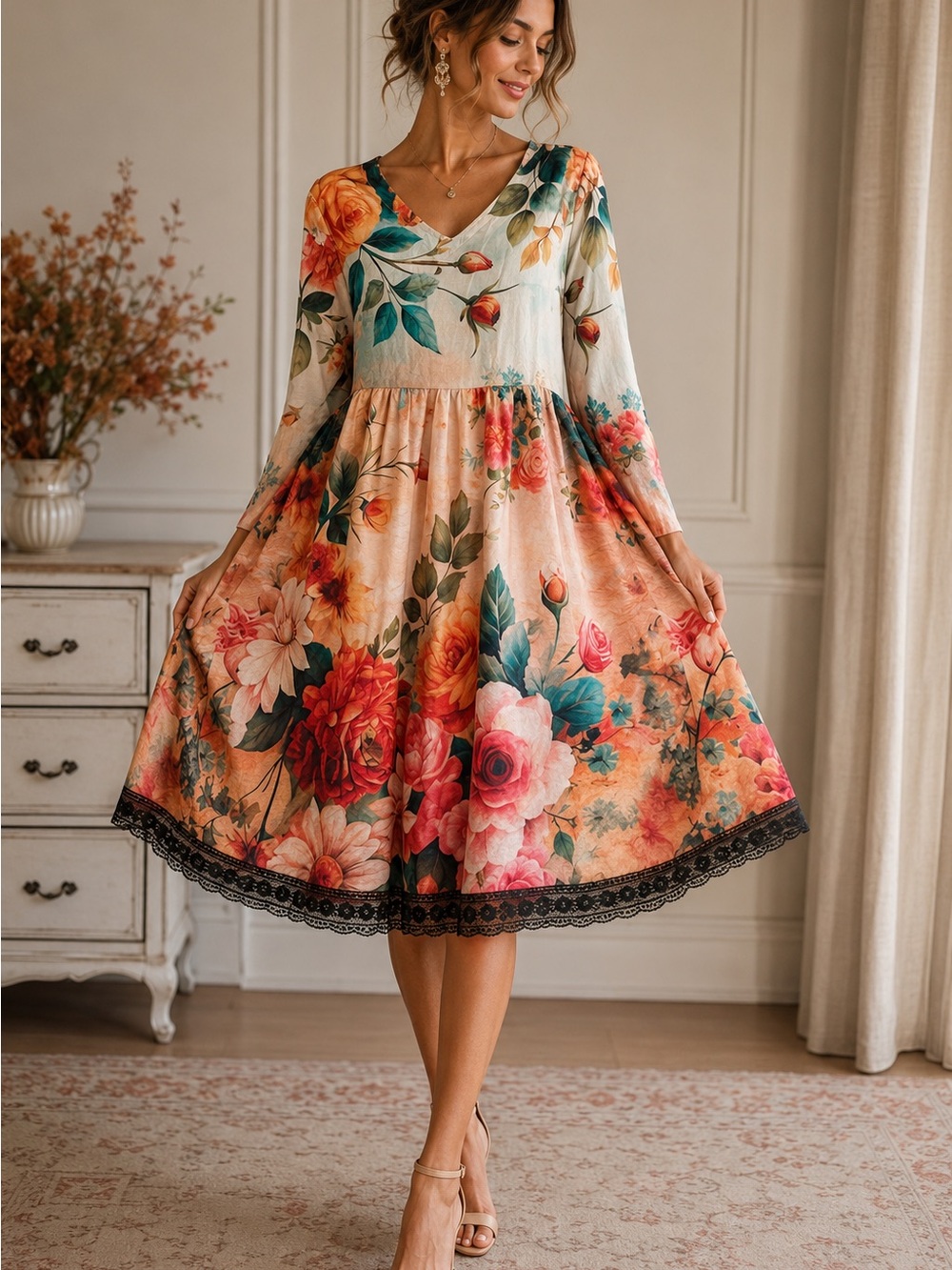 Floral V-Neck Midi Dress in Peach and Coral- long Sleeve size L